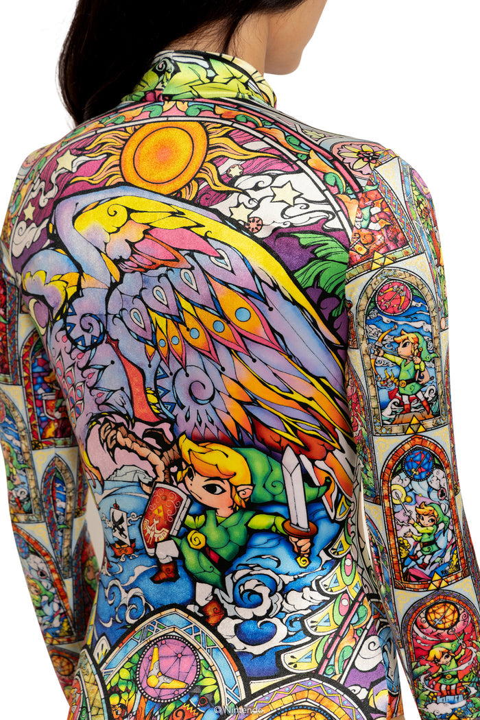 BlackMilk Clothing x Nintendo The Legend Of Zelda - Stained Glass Hyrule Velvet Long Sleeve Bodysuit - The Legend of Zelda Merchandise - Collaboration apparel - Licenced.