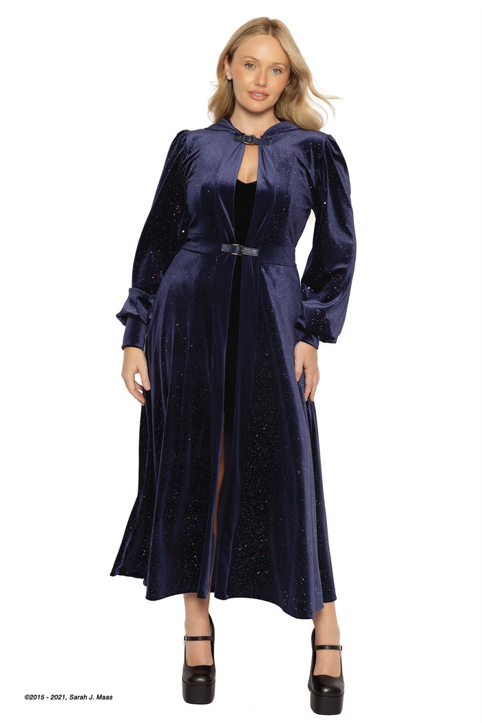 ACOTAR Starfall velvet hooded maxi jacket in navy, inspired by A Court of Thorns and Roses series by Sarah J Maas, featuring star foil detailing, full length silhouette, lined hood and buckle closures, Night Court fantasy outerwear