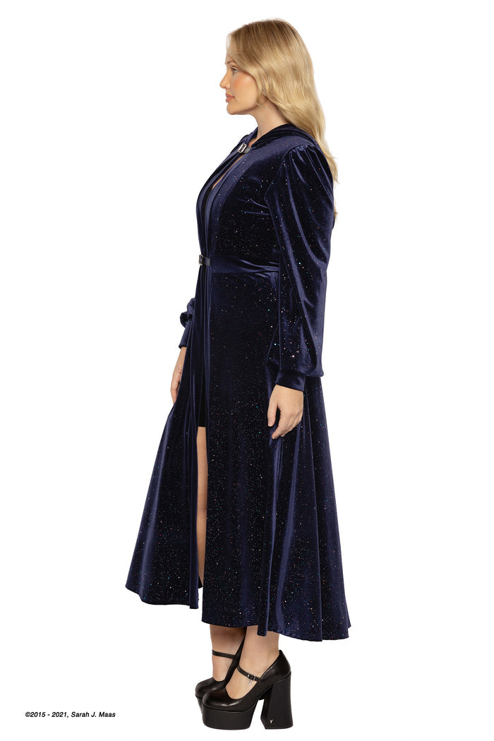 ACOTAR series Starfall velvet hooded maxi jacket, inspired by A Court of Thorns and Roses books by Sarah J Maas, featuring navy velvet fabric, shimmering star foil detail, full length silhouette and cosy lined hood