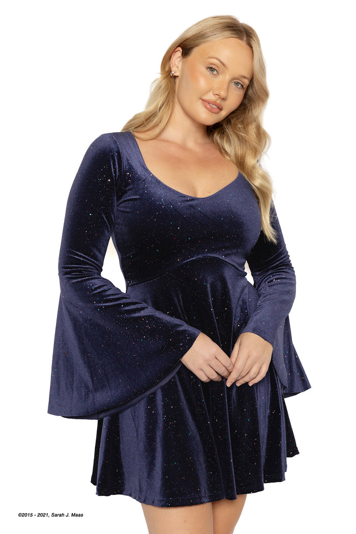 A Court of Thorns and Roses Starfall dress, ACOTAR inspired navy velvet mini dress by Sarah J Maas with scattered foil stars, dramatic bell sleeves and flowing skirt, Night Court Velaris aesthetic