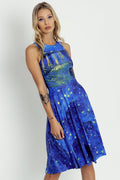Starry Night Over The Rhône Princess Midi Dress featuring artwork inspired by Vincent van Gogh’s iconic painting, a flattering princess seam silhouette and elegant midi length, perfect for special occasions and elevated everyday wear.