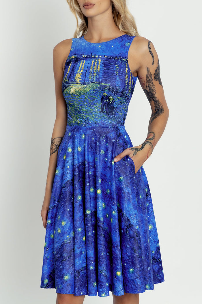 Art-inspired princess midi dress featuring Starry Night Over The Rhône artwork, designed with a fitted bodice and flowing skirt for weddings, gallery visits, dinners and occasion dressing.