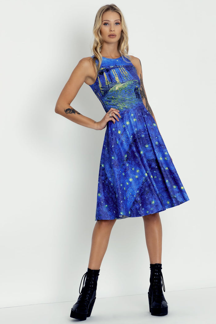 Van Gogh print midi dress with flattering princess silhouette, combining timeless artistry and feminine styling for events, celebrations and sophisticated everyday fashion.