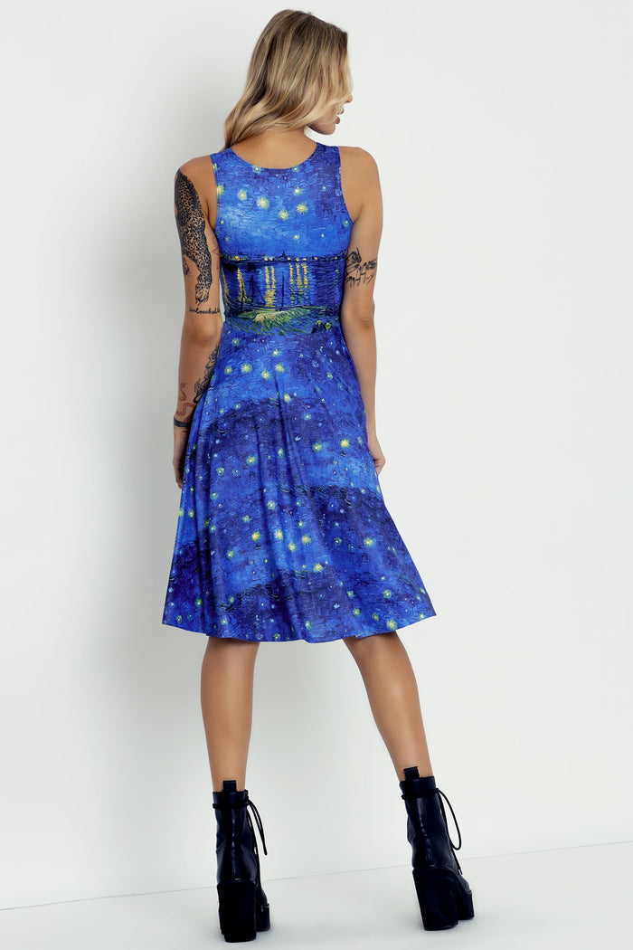 Women's princess midi dress inspired by Starry Night Over The Rhône, perfect for creative wardrobes, special occasions and elegant day-to-night styling.