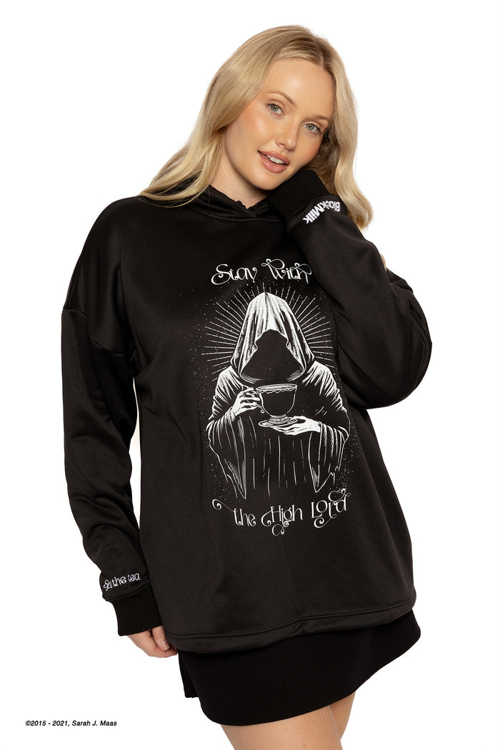 A Court of Thorns and Roses series Suriel Spill the Tea hoodie, ACOTAR black oversized hoodie by Sarah J Maas with soft fleece interior, graphic artwork and relaxed silhouette, cosy fantasy style