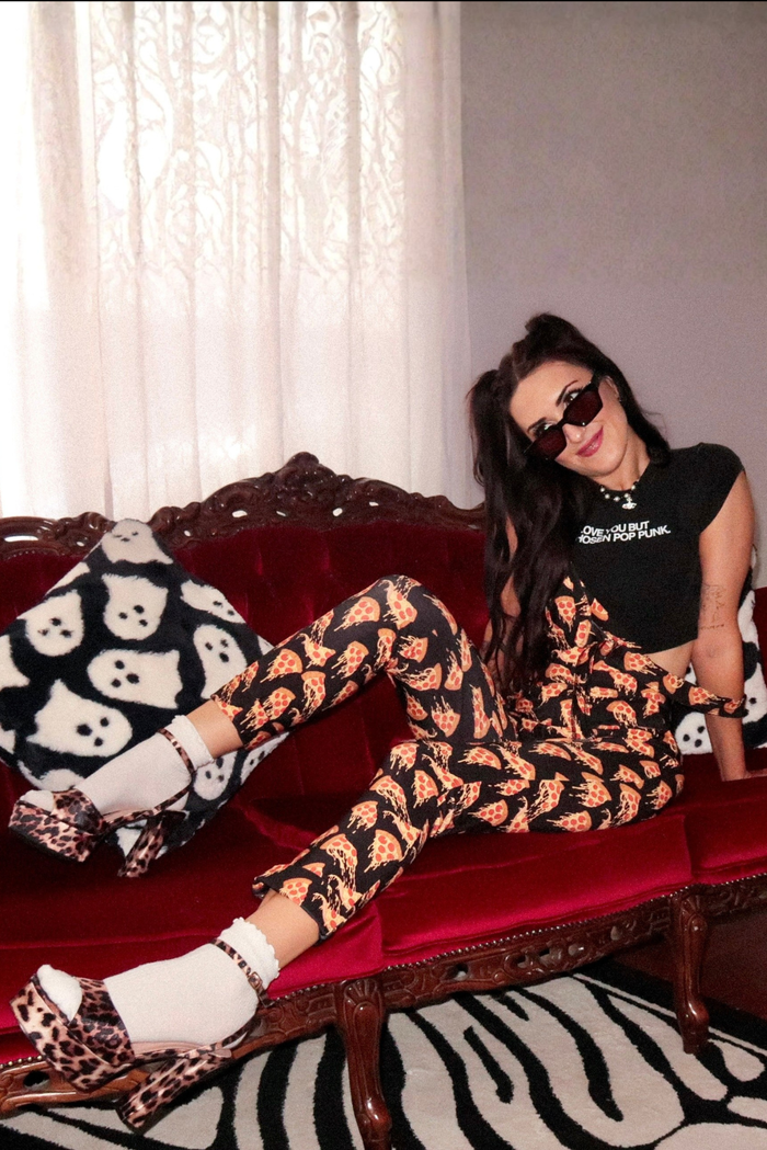 BlackMilk Take a Pizza My Heart overalls designed with stretchy matte fabric for comfort, movement and everyday wear