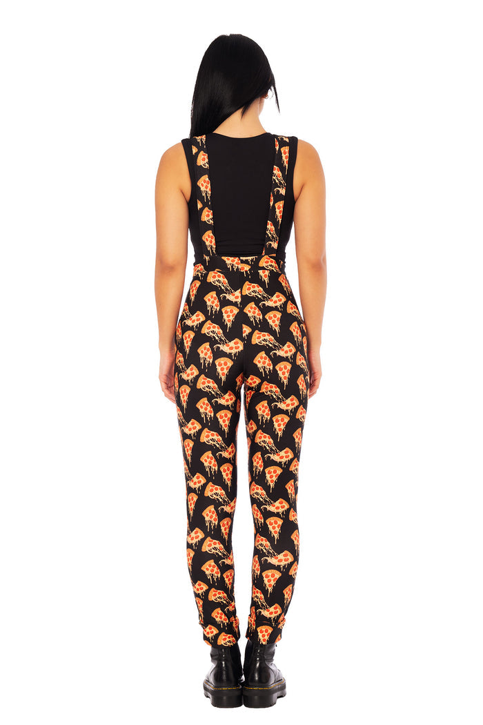 BlackMilk pizza print overalls featuring adjustable shoulder straps, fitted waist and full-length legs in soft stretch fabric