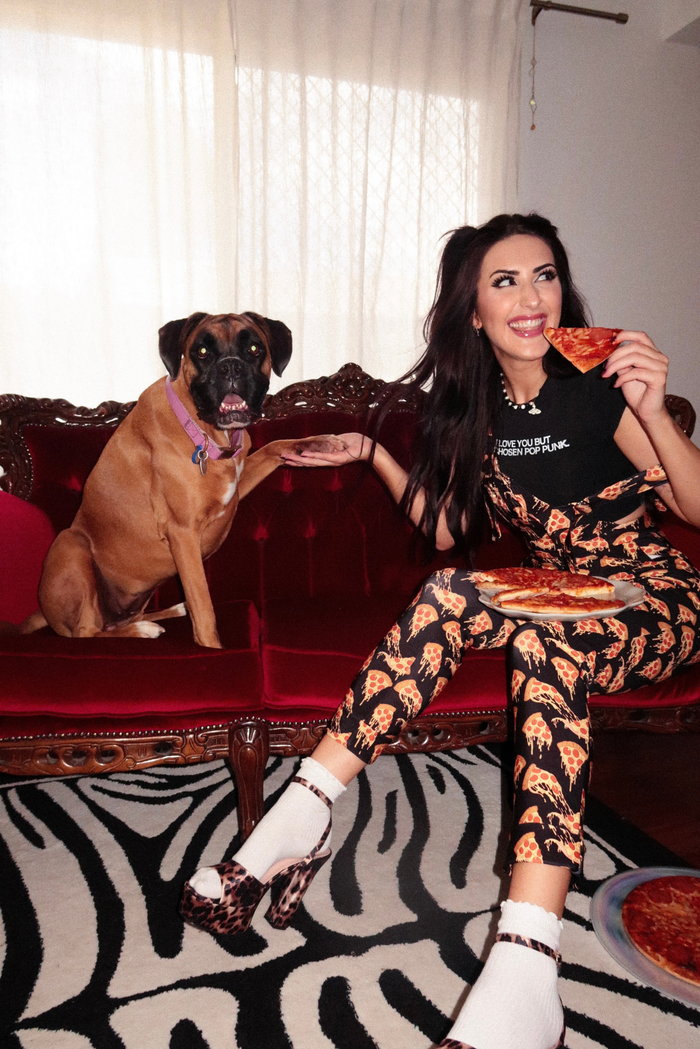 BlackMilk pizza print overalls with adjustable straps, fitted cut and soft matte stretch fabric for a comfortable fit