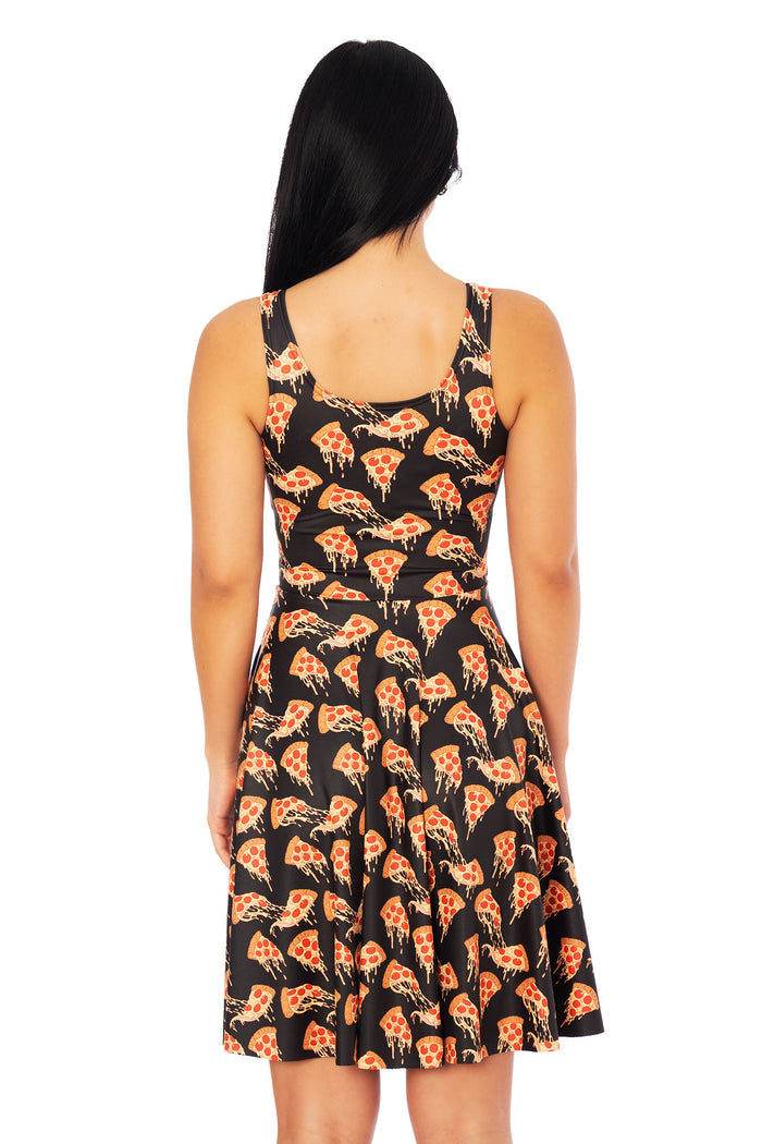 Model wearing BlackMilk pizza print longline dress made from stretchy matte fabric, featuring a scoop neckline and fitted bodice