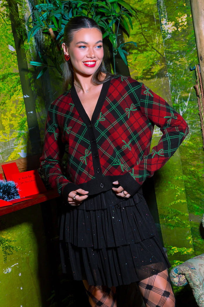 BlackMilk Clothing - Christmas Collection - Wreck The Halls - Bow Tartan Cropped Cardigan - Twinkle Twinkle Tiered Skater Skirt - Silver Doubled Up Belt