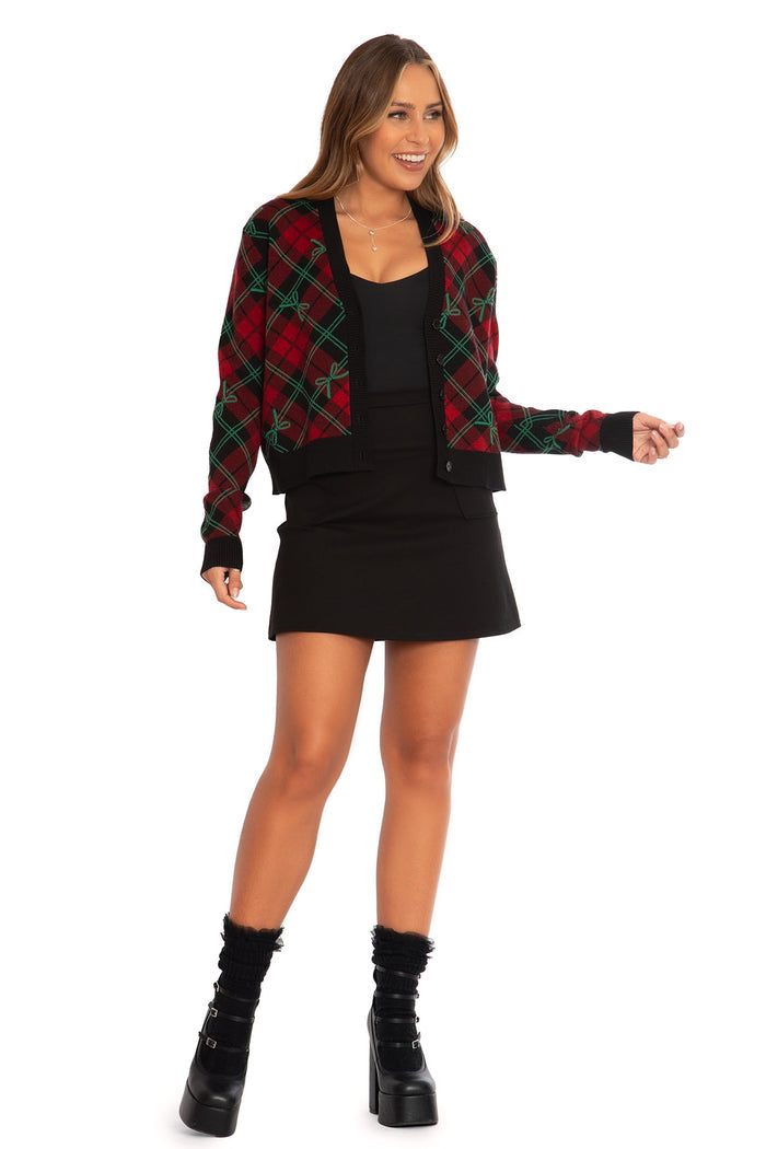 BlackMilk Clothing - Christmas Collection - Wreck The Halls - Bow Tartan Cropped Cardigan