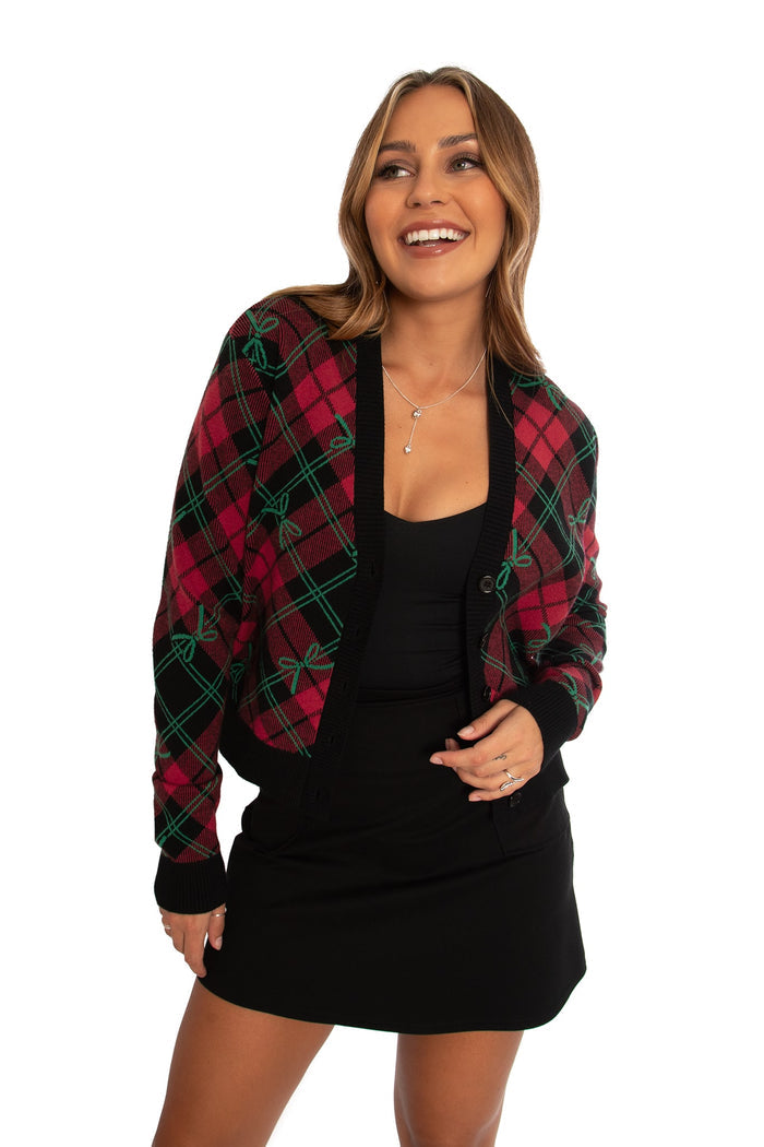 BlackMilk Clothing - Christmas Collection - Wreck The Halls - Bow Tartan Cropped Cardigan