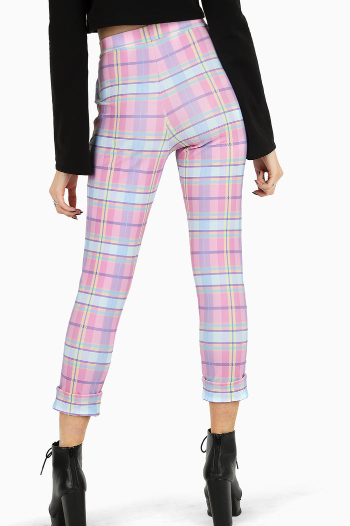 BlackMilk cuffed pants in pastel tartan print, relaxed fit trousers with pockets, stretchy fleece lined Toastie fabric, comfortable everyday style