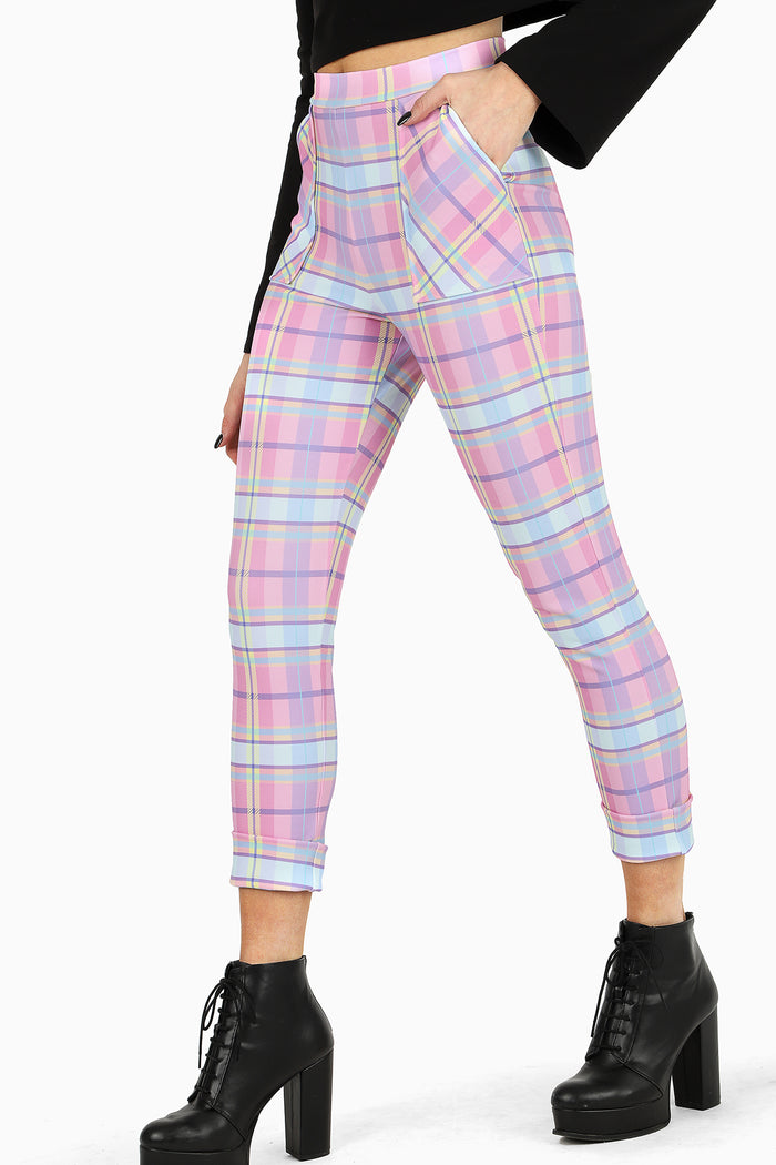 Tartan Candy Pants by BlackMilk, pastel plaid cuffed trousers with pockets, relaxed fit, soft fleece lined fabric, casual and street style look