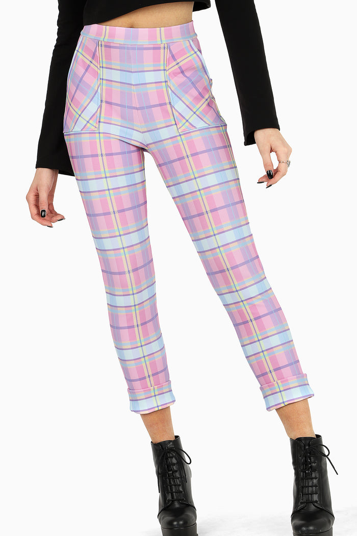 BlackMilk pastel tartan cuffed pants featuring pink and blue plaid print, relaxed comfy fit, fleece lined fabric with pockets and cuffed hem