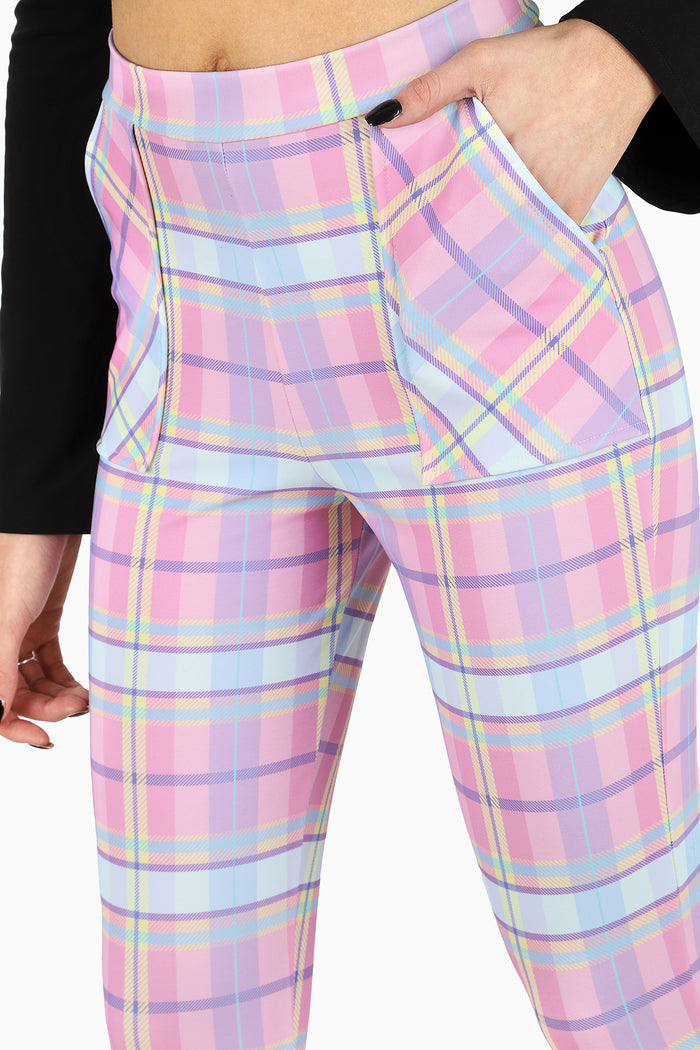 Tartan Candy Cuffed Pants BlackMilk, pastel plaid relaxed fit trousers with cuffed ankle, fleece lined Toastie fabric, comfy casual outfit styling