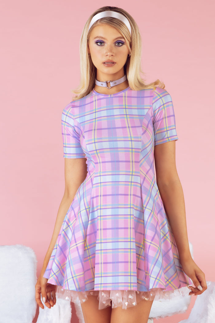 BlackMilk Tartan Candy Evil Tee Dress, pastel plaid mini skater dress with crew neck and short sleeves, soft stretch fabric, styled for casual or edgy looks