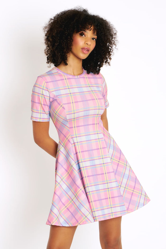 BlackMilk Tartan Candy Evil Tee Dress in pastel tartan print, mini skater dress with crew neck and short sleeves, soft stretchy Tee fabric