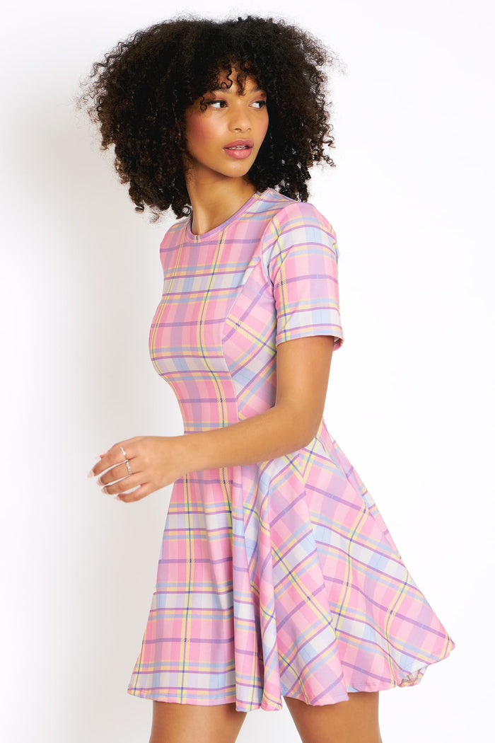 Tartan Candy Evil Tee Dress BlackMilk, pastel plaid mini dress with short sleeves, crew neckline, fit and flare skater silhouette