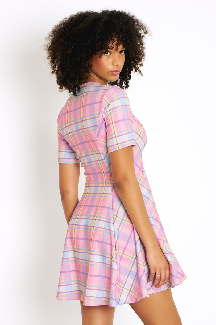 BlackMilk pastel tartan mini dress, Evil Tee Dress style with crew neck and short sleeves, soft stretchy fabric, casual skater fit