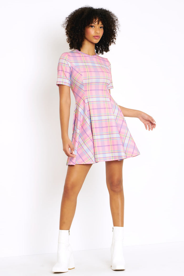 Tartan Candy Evil Tee Dress by BlackMilk, pink and blue plaid mini skater dress with short sleeves, casual everyday fit, soft Tee fabric