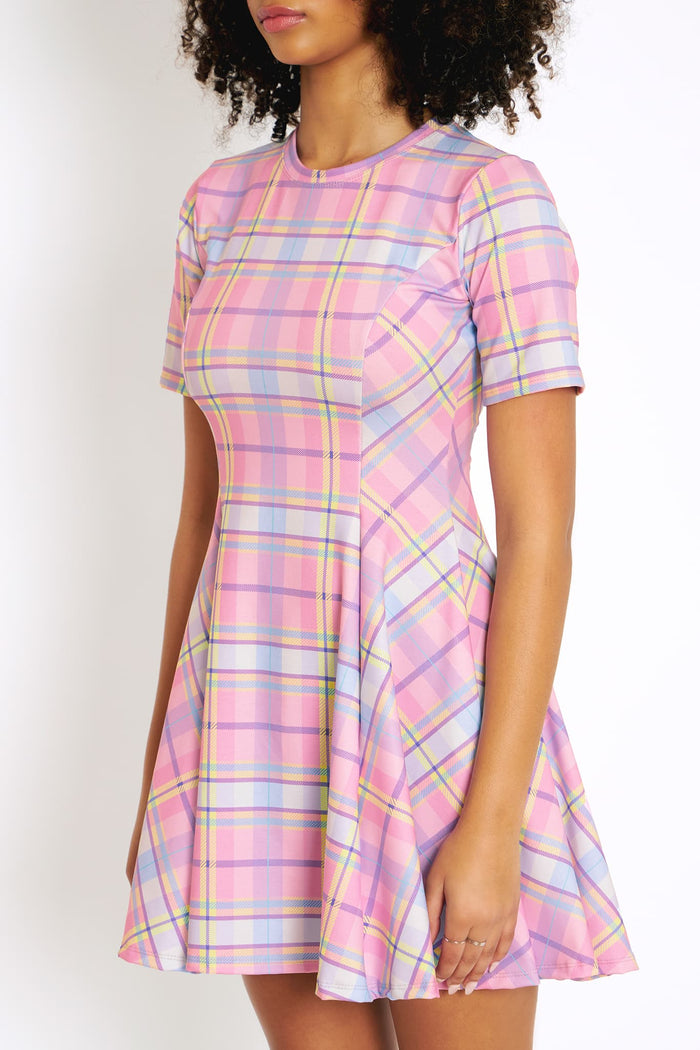 BlackMilk Tartan Candy Evil Tee Dress featuring pastel plaid print, crew neckline, short sleeves and mini skater length in comfy stretch fabric