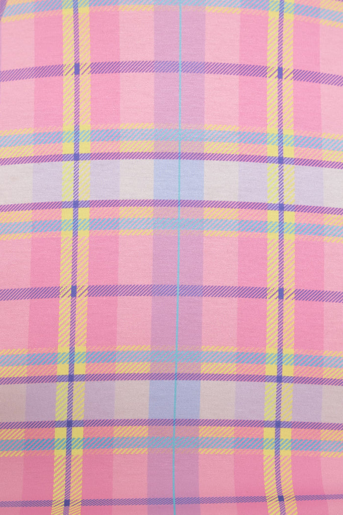 Tartan Candy Evil Tee Dress BlackMilk, pastel plaid mini dress with fit and flare shape, crew neck, short sleeves and soft stretchy Tee fabric