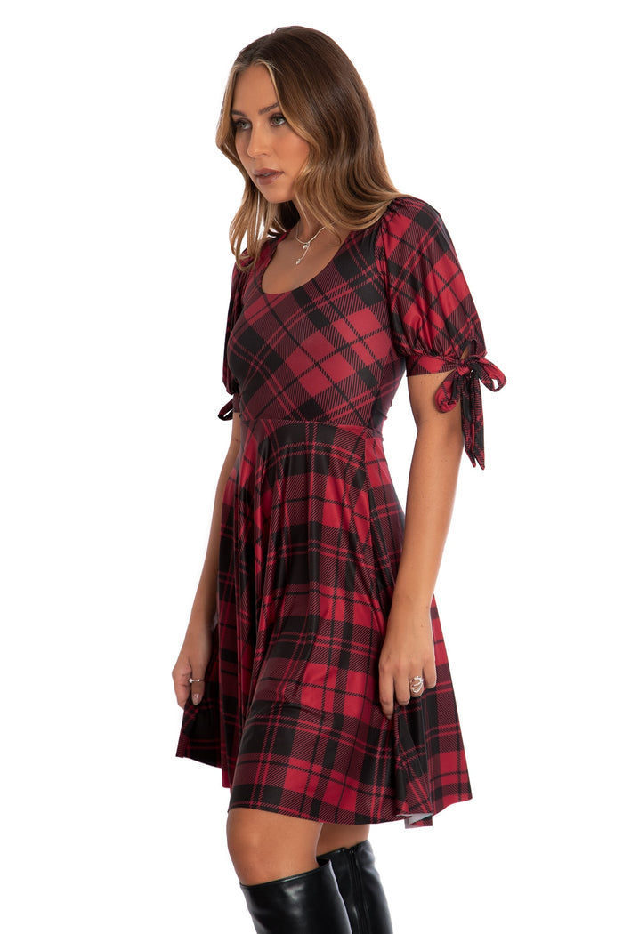 BlackMilk Clothing - Christmas Collection - Wreck The Halls - Crimson Tartan Tie Sleeve Longline Dress