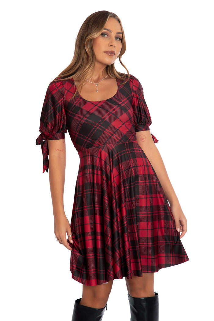 BlackMilk Clothing - Christmas Collection - Wreck The Halls - Crimson Tartan Tie Sleeve Longline Dress