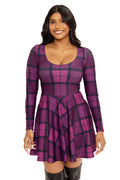 Tartan Poisonberry Toastie Long Sleeve Skater Dress featuring a flattering skater silhouette, cosy long sleeves and vibrant tartan print, perfect for everyday wear, work outfits and cooler-weather styling.