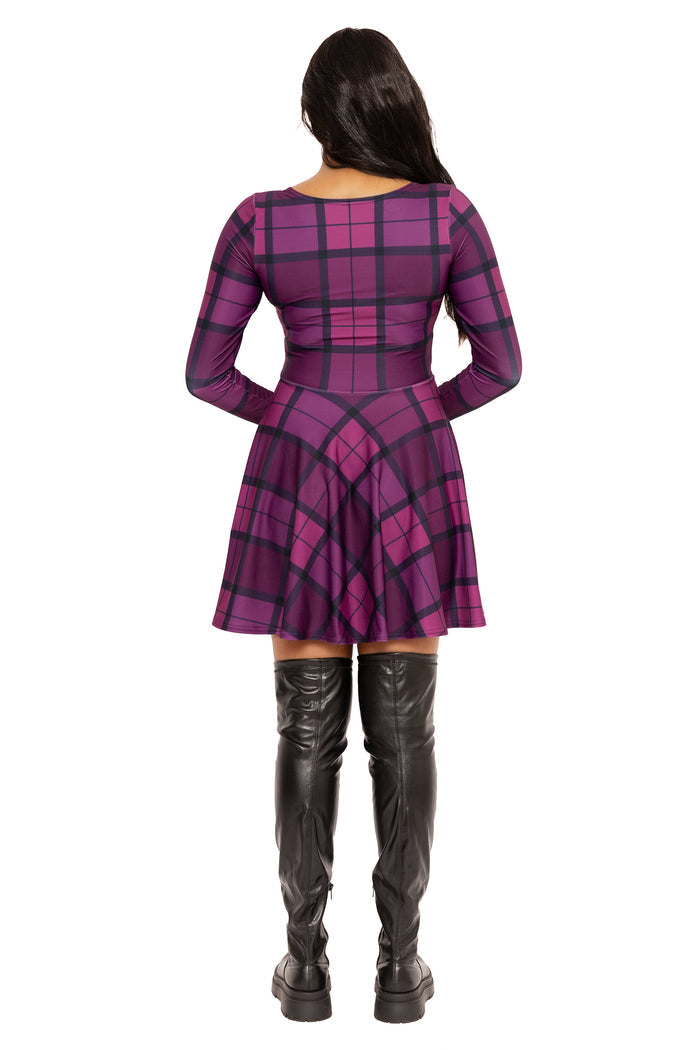 Poisonberry tartan skater dress with long sleeves, combining comfort and flattering shaping for autumn fashion, workwear and everyday outfits.