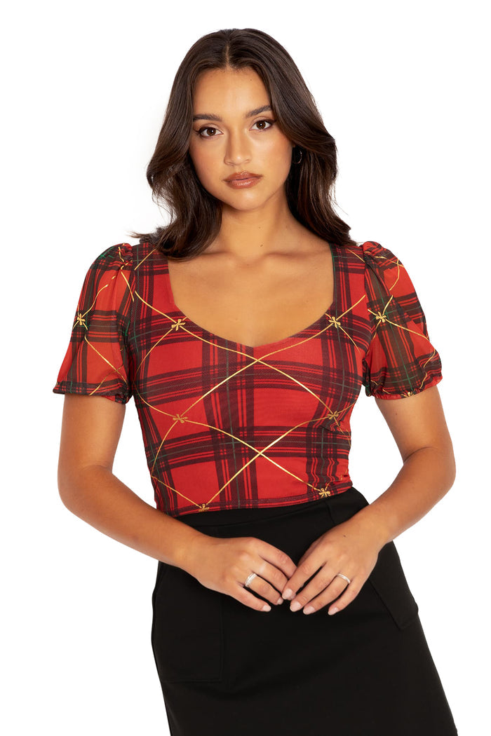 BlackMilk Clothing - Tartan Gift Wrap Puff Sleeve Sweetheart