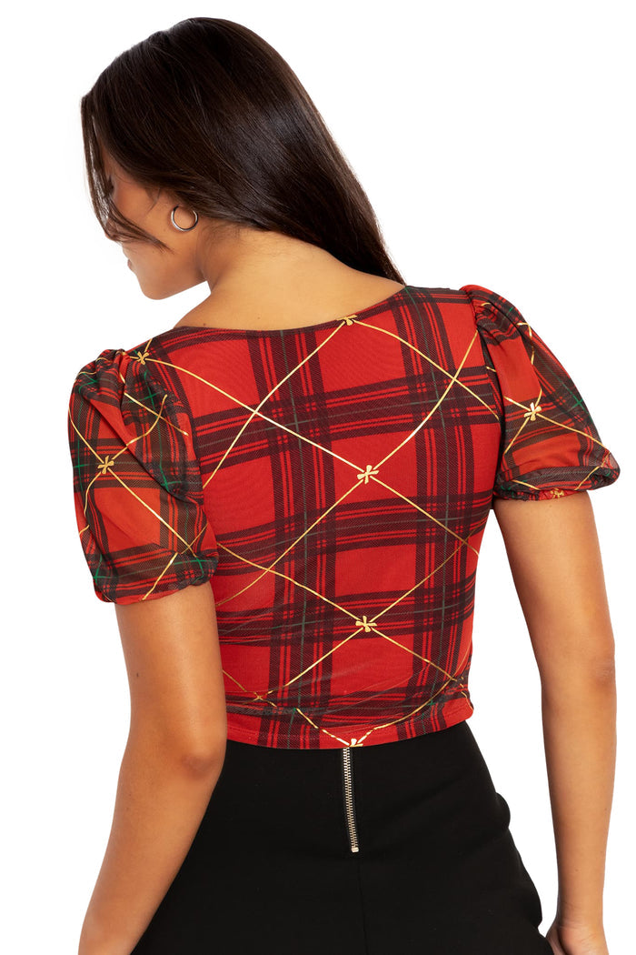 BlackMilk Clothing - Tartan Gift Wrap Puff Sleeve Sweetheart Top
