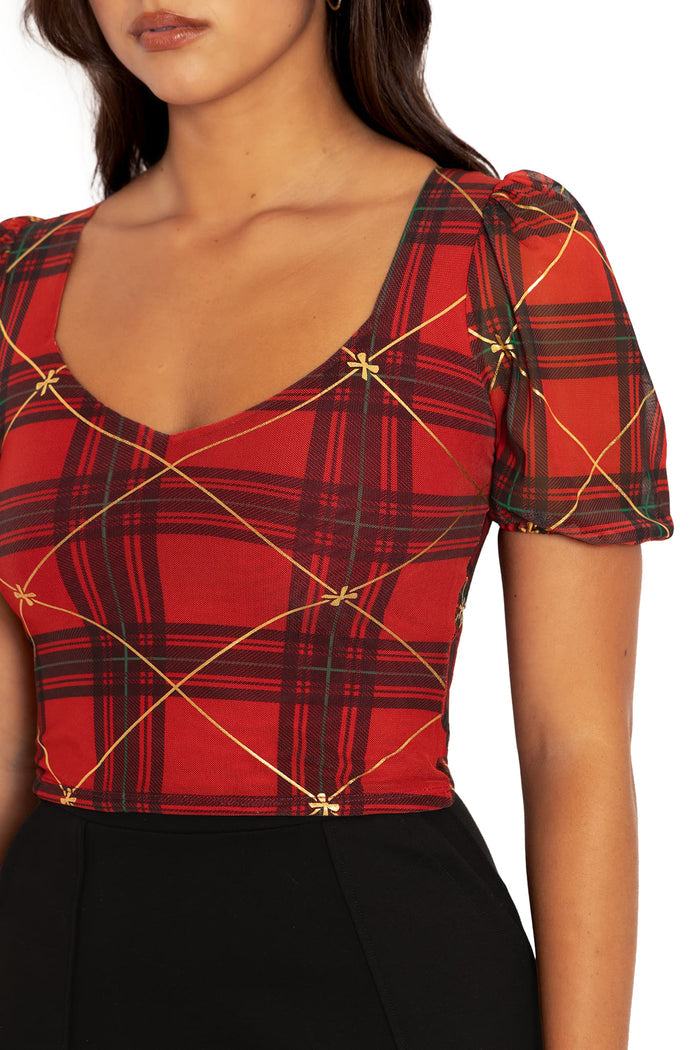 BlackMilk Clothing - Tartan Gift Wrap Puff Sleeve Sweetheart Top