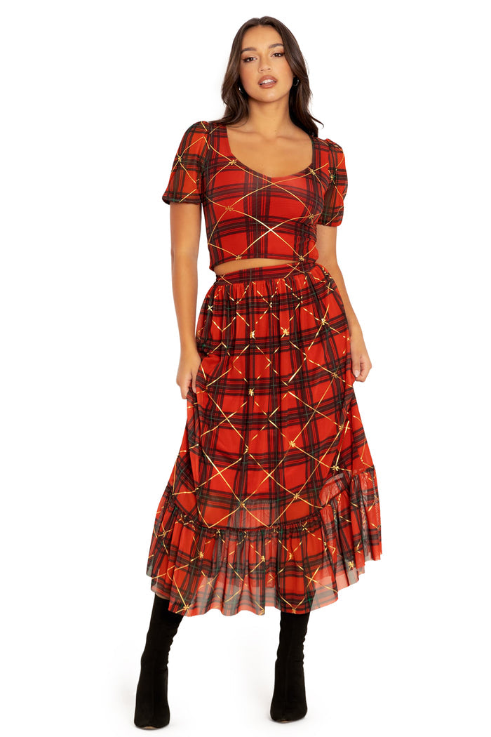 BlackMilk Clothing - Tartan Gift Wrap Puff Sleeve Sweetheart Top