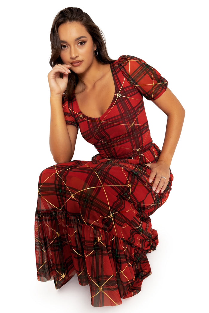 BlackMilk Clothing - Tartan Gift Wrap Puff Sleeve Sweetheart Top