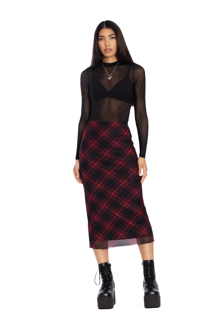 BlackMilk Clothing - Tartan Punk Red Sheer Midaxi Tube Skirt