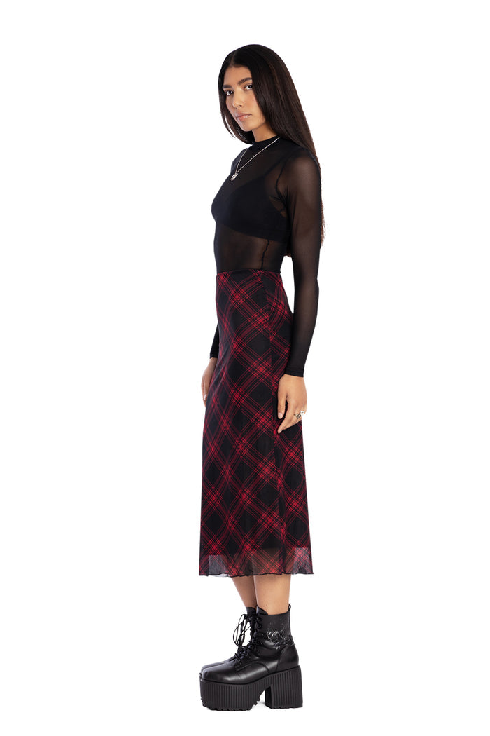 BlackMilk Clothing - Tartan Punk Red Sheer Midaxi Tube Skirt