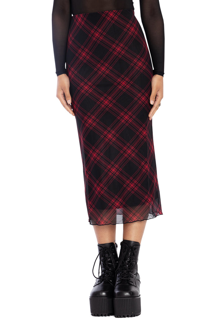 BlackMilk Clothing - Tartan Punk Red Sheer Midaxi Tube Skirt