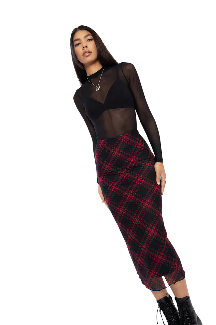 BlackMilk Clothing - Tartan Punk Red Sheer Midaxi Tube Skirt