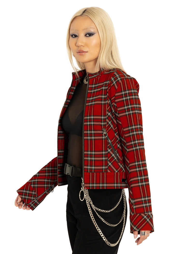 BlackMilk Clothing - Tartan Rouge Cropped Buckle Jacket