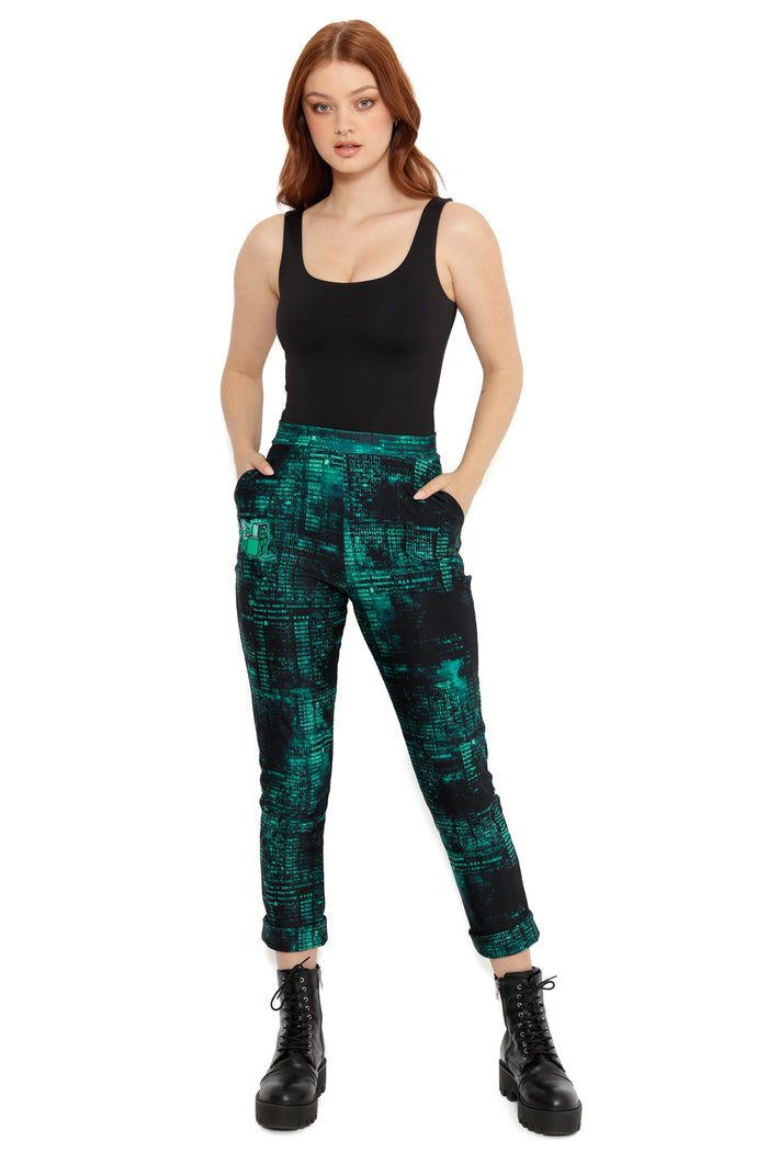 Fallout x BlackMilk Termlink Hacking Pants in black and green digital code design inspired by Fallout computer terminals.