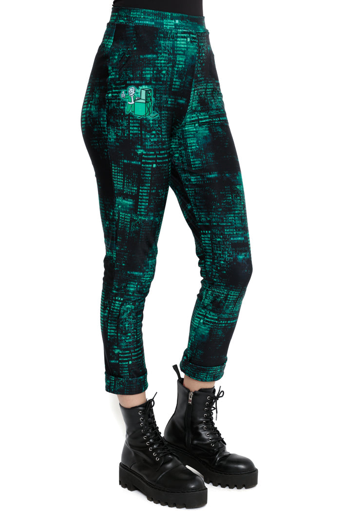 Termlink Hacking Cuffed Pants by Fallout x BlackMilk featuring neon green digital text print and Fallout tech motif.