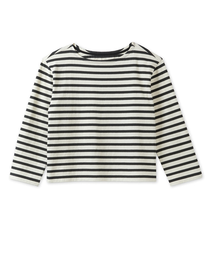 Black and white striped long-sleeve shirt on a white background
