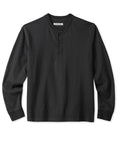 A black long-sleeved henley shirt with a ribbed neckline and cuffs, featuring a two-button placket and corozo nut buttons.