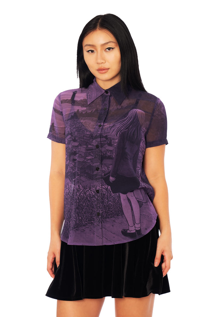 Uzumaki Black Vortex sheer button-up shirt from the Junji Ito x BlackMilk collaboration, lightweight purple anime blouse with full manga scene print in alternative gothic street style.