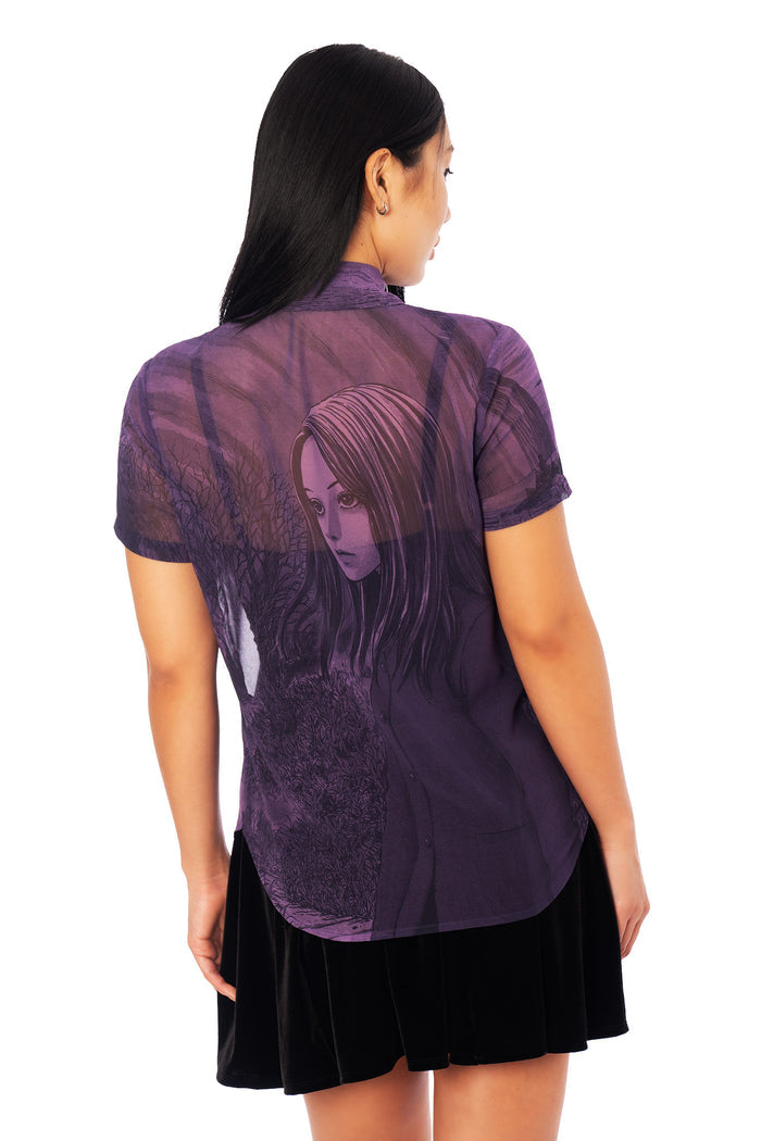 Junji Ito Uzumaki Black Vortex sheer blouse for women, manga panel button-down shirt in moody purple tones with Japanese horror fashion aesthetic.