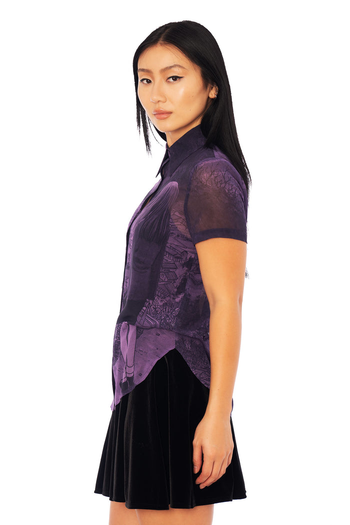 Japanese horror anime button-up shirt inspired by Junji Ito Uzumaki, Black Vortex manga artwork printed across sheer purple fabric in gothic streetwear style.