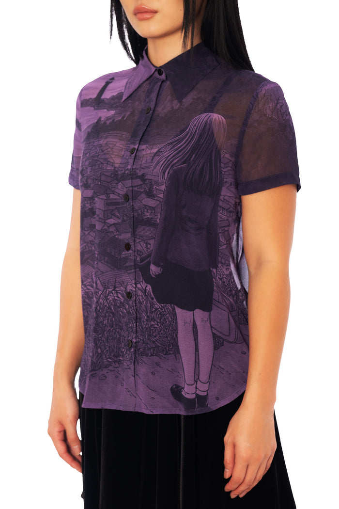 Junji Ito x BlackMilk anime sheer blouse featuring the Black Vortex scene from Uzumaki, lightweight purple button-up shirt in alternative Japanese street fashion.