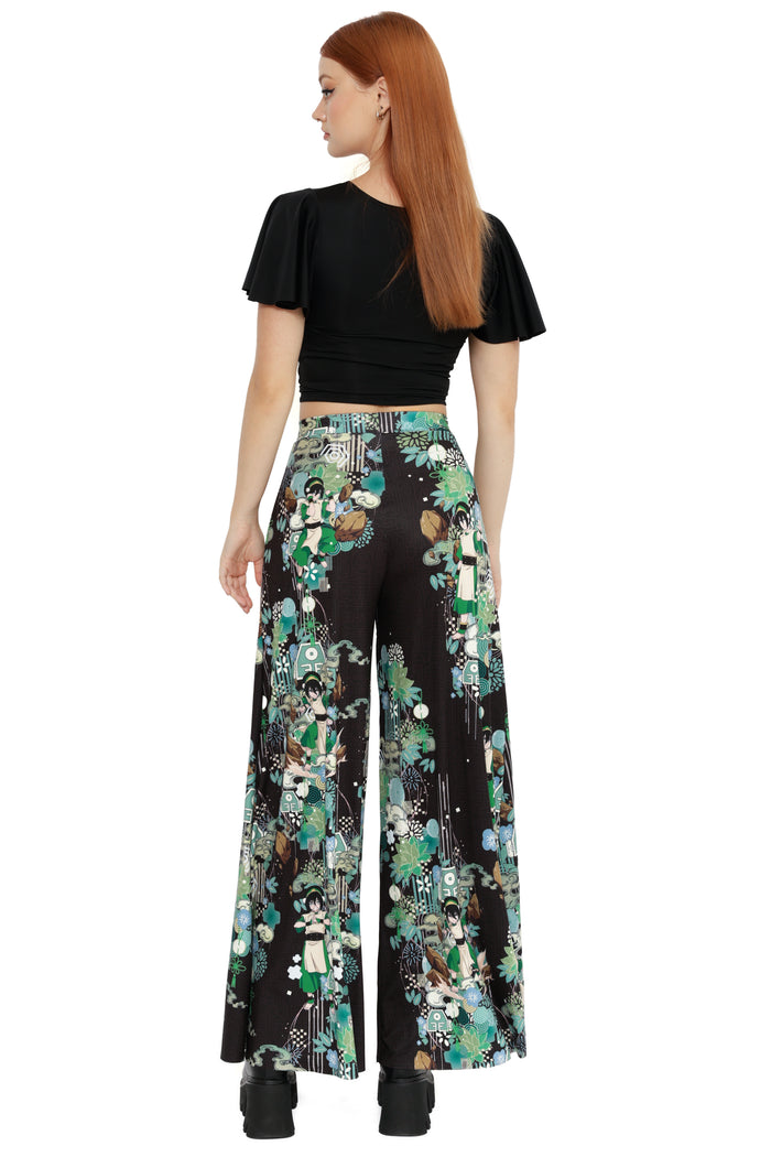 Avatar: The Last Airbender x BlackMilk Blind Bandit inspired palazzo pants featuring Earth Kingdom motifs and illustrated Avatar artwork